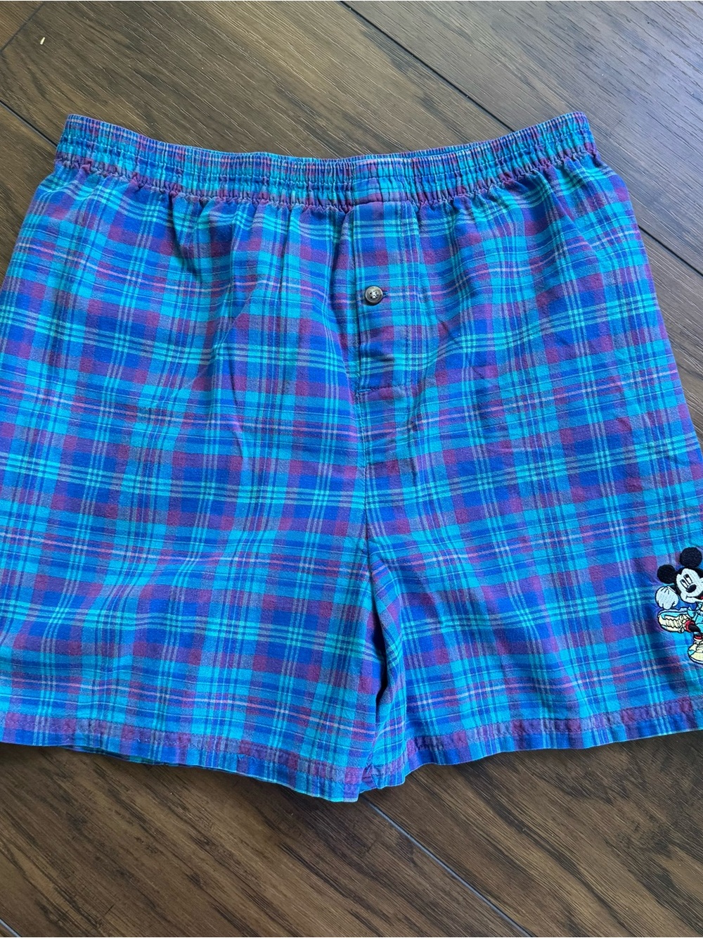 VTG Disney Blue Plaid Youth M Cotton Boxer Shorts Embroidered Mickey